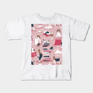 Life is better with books a hot drink and a friend // pattern // pink background brown white and blue beagles and cats and red cozy details Kids T-Shirt